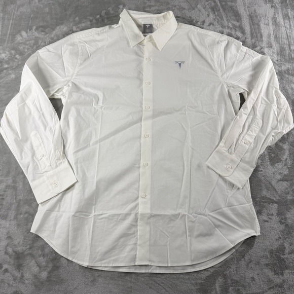 Tesla Motors Mens XL White Button Down Dress Shirt Long Sleeve Embroidered Logo